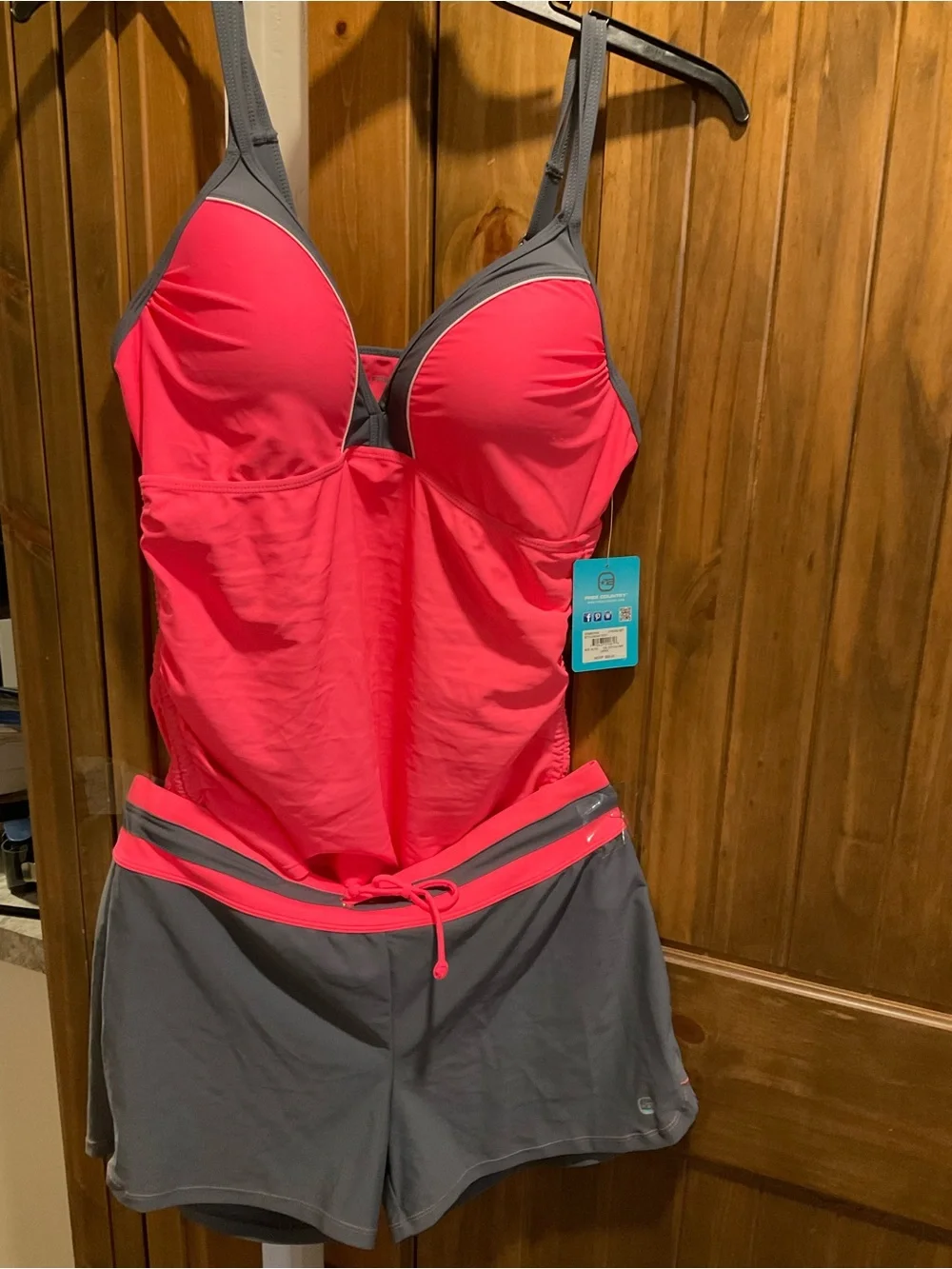 Free Country Coral Pink and Gray One-Piece Tankini with Attached Shorts